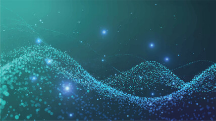 A digital abstract background with flowing blue and turquoise waves. 