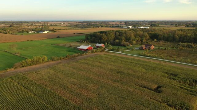 Establishing shot of Midwestern United States.  Aerial view of farmland in fall season.  Countryside, rural landscape