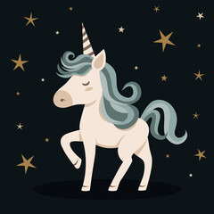 Cute dreamy unicorn with stars – flat vector illustration in a simple children's style. Cute unicorn on a dark background with stars. Print for printing on children's products.