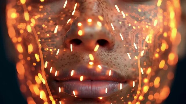 A woman's face is covered in glowing, pixelated lines. The image is a representation of a futuristic, digital world. The woman's eyes are open, staring into the camera