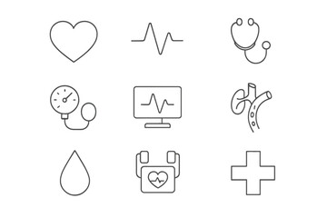 Health and wellness icons illustrating various medical concepts and monitoring tools in a modern style