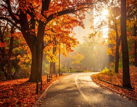 Path Through Trees with Autumn Leaves