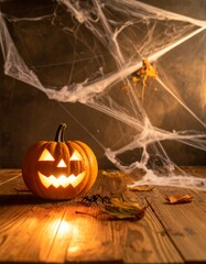 Glowing pumpkin on wooden table