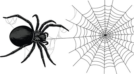 Black spider spinning a web on a white background for halloween designs ideas