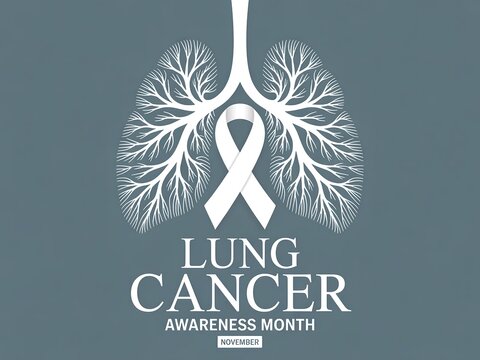 White ribbon and intricate lung illustration symbolizing lung cancer awareness and support during awareness month