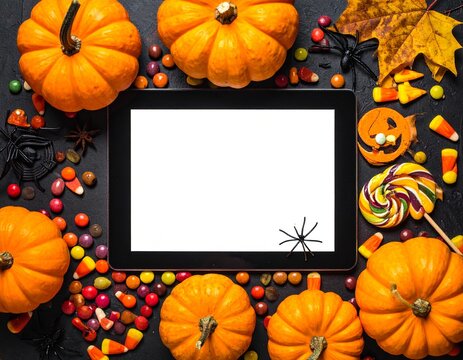 Halloween pumpkins and candy corn frame with spiders and fall leaves