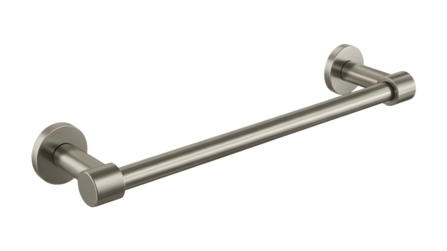 Brushed nickel towel bar enhancing modern bathroom decor, perfect for interior design projects and home improvement advertisements, sleek metal fixture