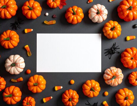 Halloween pumpkin frame with spiders and candy corns