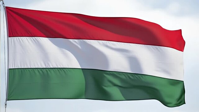 Waving Hungarian flag with horizontal red white and green bands against a cloudy sky attached to a pole