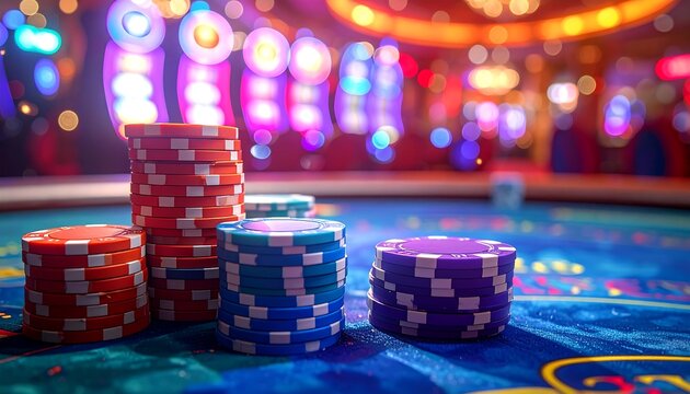 Colorful stacks of casino chips rest on a vibrant blue  table, highlighted against a softly blurred background of brightly lit gambling machines.