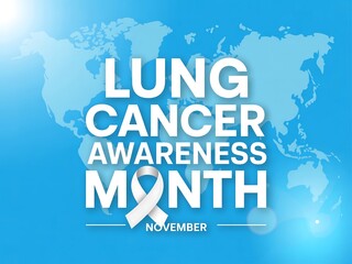 Fototapeta premium Lung cancer awareness month november world map background with white ribbon symbol and text