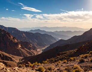 Mountain valley vista at sunset