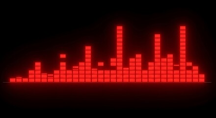 Vibrant red digital audio equalizer bars illuminate a dark background representing sound waves and music visualization in a dynamic energetic display