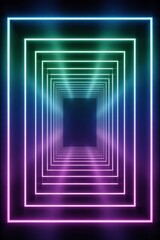 Colorful neon light tunnel creates a mesmerizing visual effect in a dark space