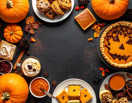 Halloween background with pumpkins and spooky desserts