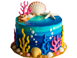 Ocean themed cake isolated on transparent background, decorated with sea shells