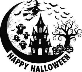 Spooky halloween night scene with witch haunted house ghosts and pumpkins art