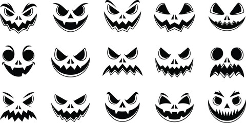 Spooky halloween pumpkin face vector set with scary expressions for holiday designs