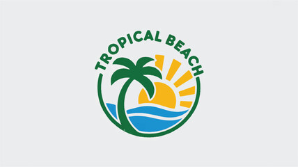 A minimalist logo design featuring a tropical beach scene enclosed in a green circular border. 