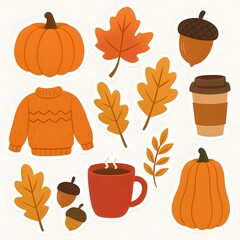 Fall autumn season stickers pumpkins leaves sweater coffee acorns design elements