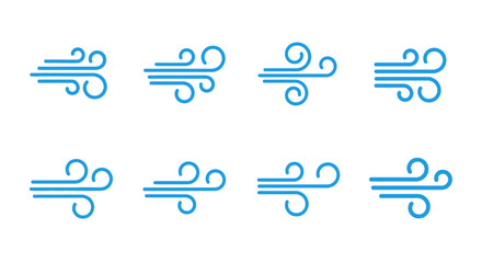 Illustrations of wind or air flow patterns depicting gentle breezes and strong gusts in a stylized blue graphic design suitable for weather icons or climate representations