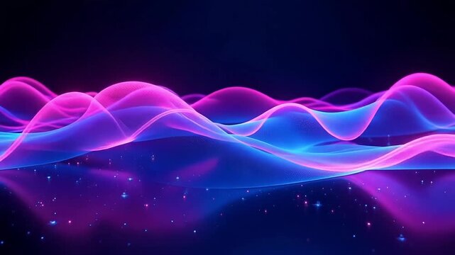 Mesmerizing abstract waves of vibrant neon pink and electric blue flow dynamically through a starry cosmic landscape, creating an ethereal and futuristic visual experience.