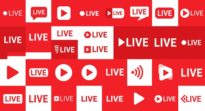 A Vibrant Collage of Live Streaming Icons and Play Buttons Displayed on a Red and White Background