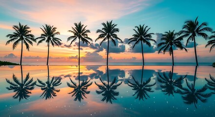 Obraz premium Tropical paradise infinity pool reflecting palm trees at sunset with vibrant sky
