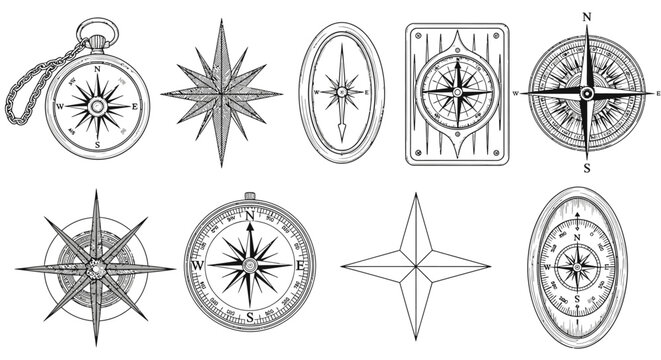 Collection of vintage navigational compasses and directional guides illustrating various styles and designs for exploration and travel