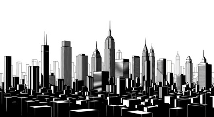 A Stylized Black and White Silhouette of a Modern City Skyline Under a Bright Sky