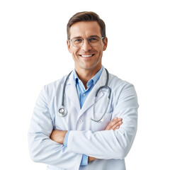 Fototapeta premium Smiling male physician wearing a white lab coat and stethoscope with arms crossed isolated on transparent background