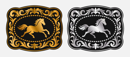 Horse Label belt buckle wild Western rodeo ranch cowboy style tag design gold and silver stylized silhouette vector design.