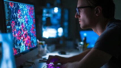 Researcher intently studies colorful molecular models displayed on monitor, utilizing cutting edge software for scientific discovery. Nighttime lab environment highlights innovation, data analysis - Powered by Adobe
