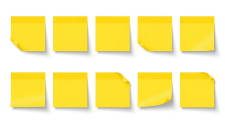 Collection of ten individual yellow sticky notes arranged in two rows casting subtle shadows on a white background