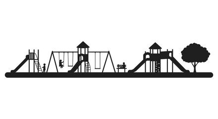 Silhouette of a large children's playground with swings slides and climbing structures in a park setting.