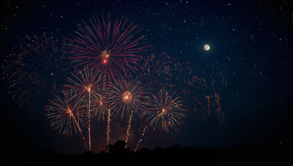 Vibrant Night Sky Fireworks Display with Full Moon