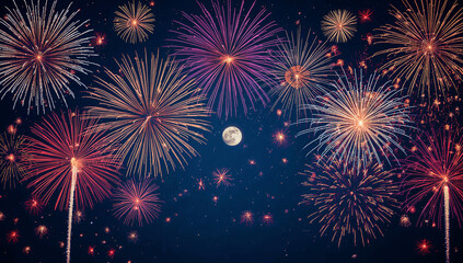 Naklejka premium Celestial Fireworks Display with Full Moon