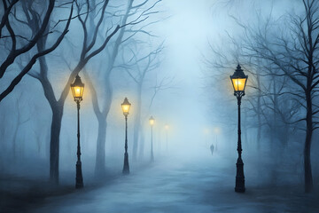 Tranquil evening park scene with misty pathway and illuminated street lamps