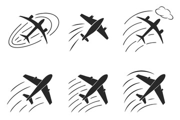 Set of six minimalist cyclone sky icons in black and yellow