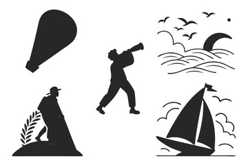 Fototapeta premium Six minimalist dreamscape icons in black and yellow cyan magenta