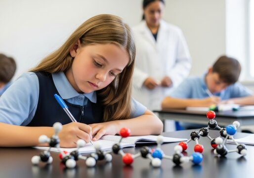 Student writing in a science class with molecular model - Powered by Adobe
