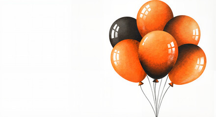 Balloons watercolor illustration, orange and black, graceful and simple style with subtle transitions on white background with copy space