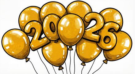 Hand-drawn ink illustration of 2026 gold balloons, bold outlines with metallic shading, artistic festive look
