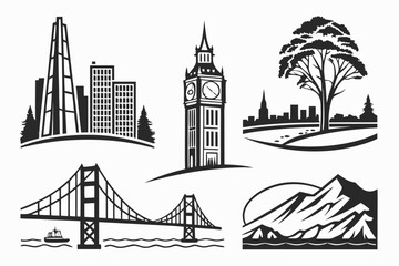 Obraz premium Golden skyline minimalist icon set with cityscape elements