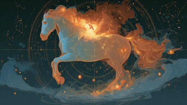 Mystic cosmic horse astral body with fiery aurora and zodiac constellations, fantasy art style