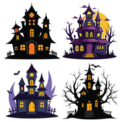 A scary Halloween vector illustration featuring a haunted castle and house silhouette against a dark, spooky October night sky with a full moon, bats, and trees