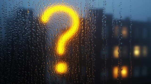 A blurry image of a building with a yellow question mark on it. The image has a moody and mysterious feel to it, as the question mark is obscured by the rain and the building is in the background