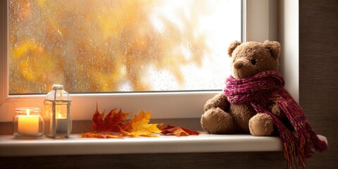 Teddy bear with cozy scarf sitting on autumn window sill