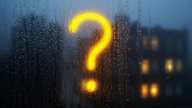 A blurry image of a building with a yellow question mark on the glass. Scene is mysterious and intriguing