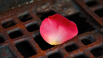 A single flower lying on a metal grate, potentially in an abandoned or industrial setting